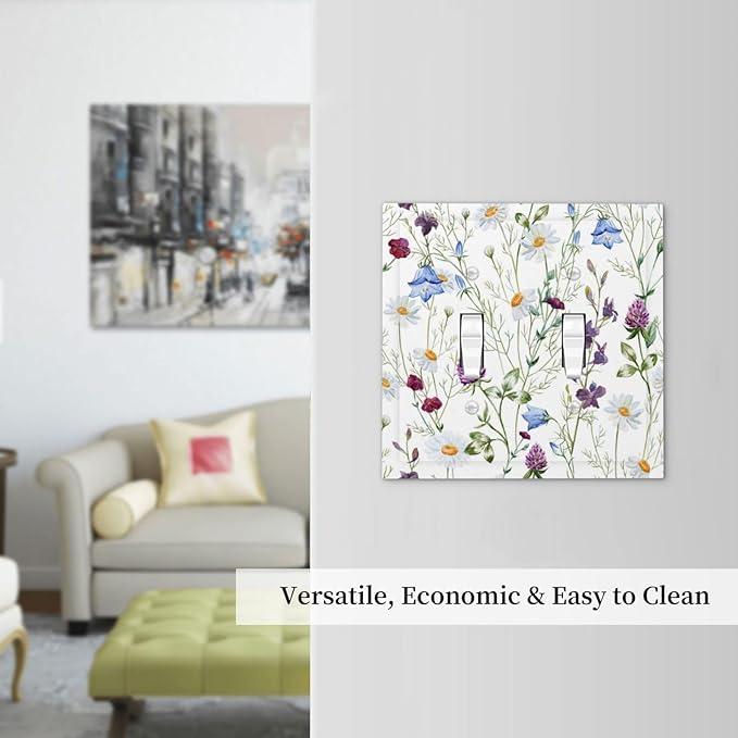 Floral Boho Multicolor Flower Plant Leaves Decorative Switch Plates 2 Gang Double Toggle Outlet Light Switch Cover Wall Plate Electrical Faceplate for Bedroom Living Room Decor