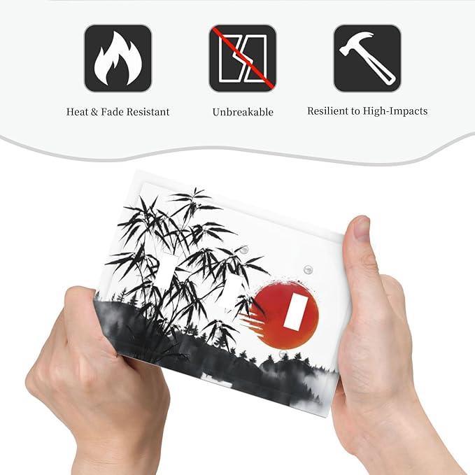 Decorative Light Switch Plate Covers Artistic Describe Black Bamboo Japanese Red Sun 3 Gang Wall Plate Switch Cover Plate Triple Toggle Jumbo Electrical Faceplate for Bedroom Decor