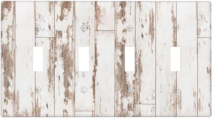 White Grey Wood 4 Gang Light Switch Cover Decorative Quad Toggle Wall Plate Decorative Electrical Faceplate for Kitchen Home Barn Farmhouse Decorate Large 8" x 4.5