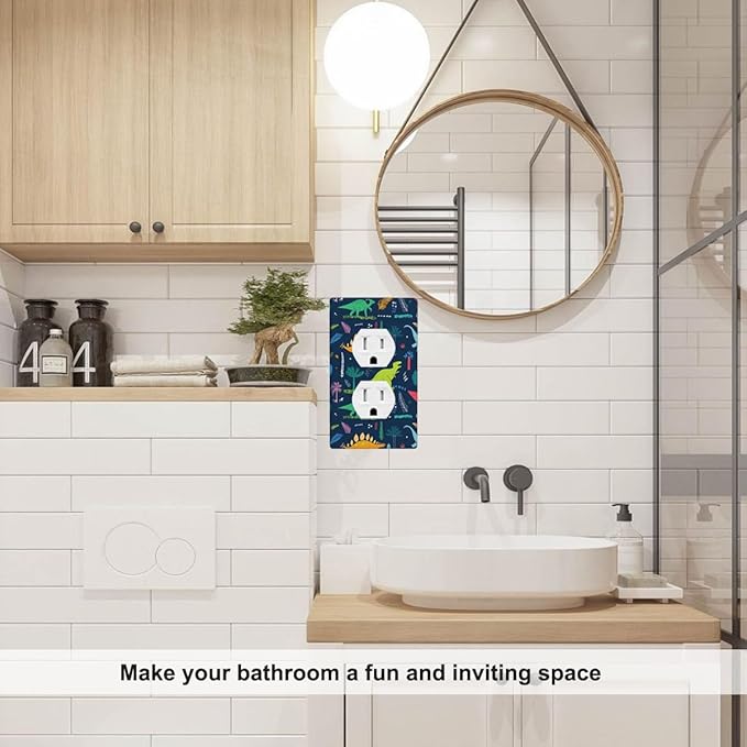 Dinosaur Wall Plate Colorful Dinosaurs Navy Blue Outlet Covers 1-Gang Standard Size Duplex Receptacle Plug Cover 4.5" x 2.76" for Little Men Cave Boys Room Decor