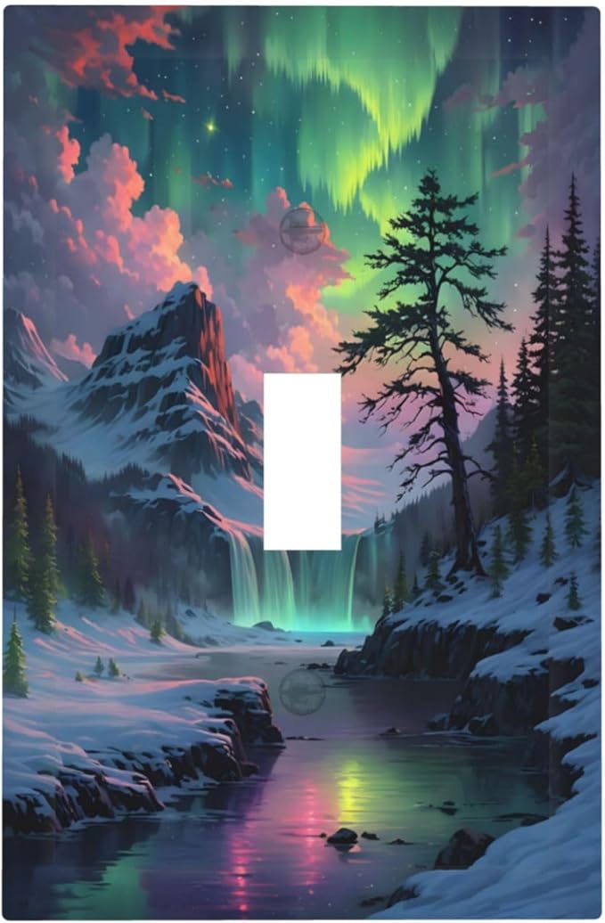 Snow Mountain Aurora Waterfalls Rivers Forest Decorative Light Switch Cover 1 Gang Single Toggle Device Electrical Faceplate Switchplates Decorator Outlet Wall Plate for Bedroom Living Room Decor