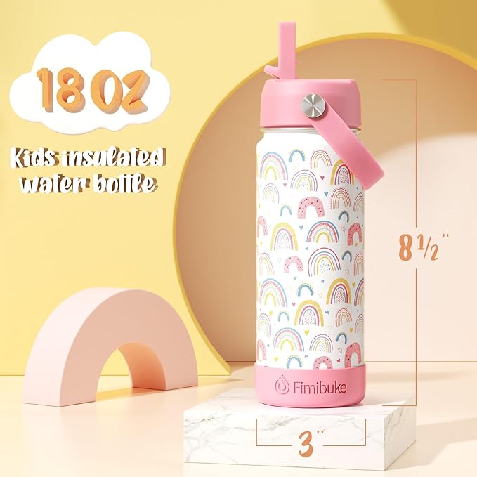 Fimibuke Kids Insulated Water Bottle, 18oz BPA FREE Kids Cups with Straw Double Wall Vacuum Tumbler 18/8 Stainless Steel Leak Proof Toddler Water Bottle for School Boys Girls (2 Pack, Dinosaur/Truck)