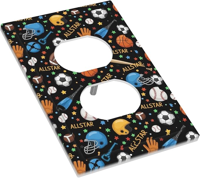 All Star Sports Duplex Wall Plate - 1-Gang Standard US Size Multi-Sport Outlet Covers, Football Baseball Basketball for Kids Room Decor