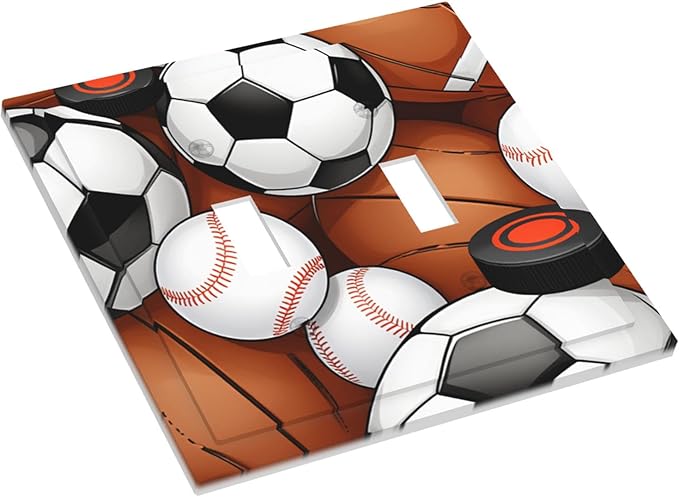 All-Star Sports Balls Collage Double Toggle Switch Cover - 2-Gang Standard US Size Football Baseball Soccer Game Day Themed Light Switch Covers for Boy's Bedroom Decor