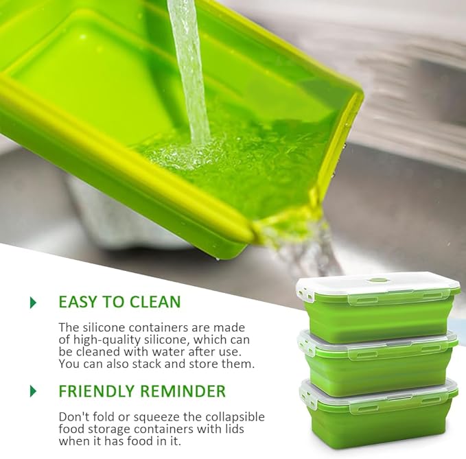 Alimat PluS 27oz Collapsible Food Storage Containers with Lids, 3 Pack Set 800ml Silicone Food Storage Containers, Green Collapsible Food Storage for Kitchen and Outdoor Activities