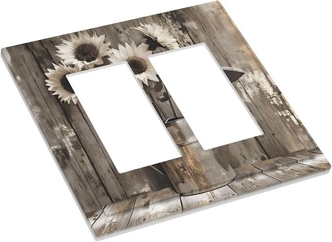 Rustic Floral Country Sunflower Daisy Old Wooden Boards Decorative Outlet Covers 2 Gang Double GFCI Rocker Electrical Wall Panels Light Switch Cover Plate for Farmhouse Home Decor