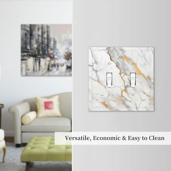 Decorative Switch Plates Marbling Style White Background Gold Gray Stripes 2 Gang Double Toggle Outlet Light Switch Cover Wall Plate Electrical Faceplate For Bathroom Kitchen Decor