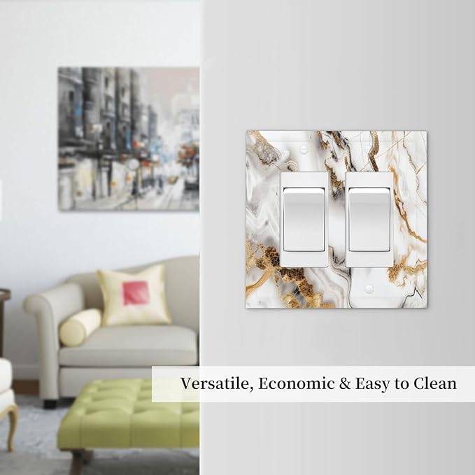 Luxurious Marble Abstract White Gold Tile Modern Simplicity Decorative Outlet Covers 2 Gang Double GFCI Rocker Electrical Wall Panels Light Switch Cover Plate for Bathroom Kitchen Decor