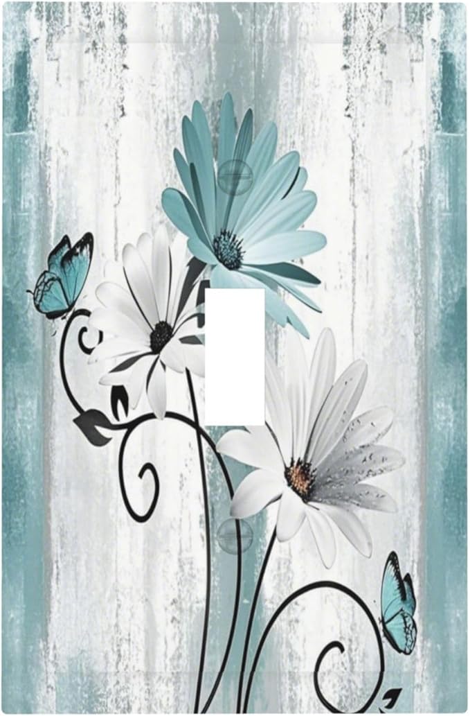 Light Switch Cover Plate Teal Daisy Floral Butterfly Vintage Wood 1 Gang Single Toggle Decorative Switch Plates Wall Plates Electrical Faceplate Socket Covers for Bathroom Bedroom Decor
