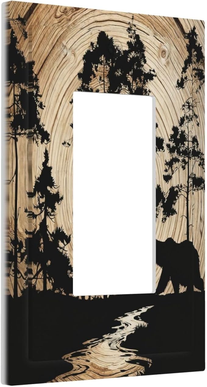 Rustic Forest Antler Black Bear Deer Silhouettes Decorative Outlet Covers 1 Gang Single Rocker Light Switch Cover Plate Wall Plates GFCI Faceplate for Farmhouse Home Decor