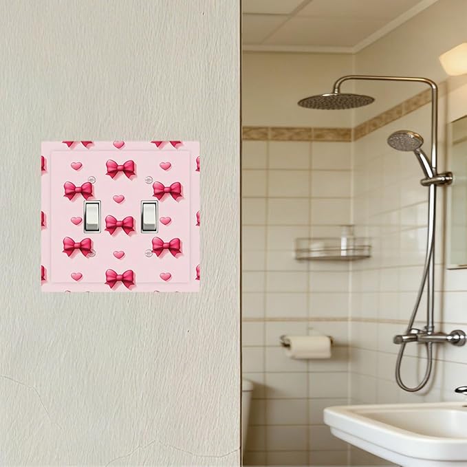 Pink Bow & Heart Double Toggle Switch Cover - 2-Gang Standard US Size Preppy Coquette Light Switch Covers, Sweetheart Girly Pattern for Girls Room