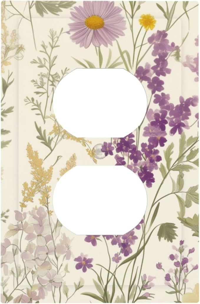 Watercolor Floral Leaves 1 Gang Electrical Duplex Outlet Covers Small Purple Flowers Daisies Light Switch Cover Receptacle Wall Plate Decorative Faceplate for Country Bedroom Living Room Decor