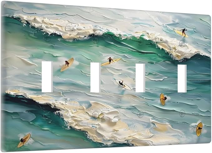 Beach Waves Ocean Surfing Hoverboard Painting Print Light Switch Covers Quad Toggle Electrical Faceplate 4 Gang Wall Plate Decorative Switch Plates Cover for Bedroom Living Room Decor