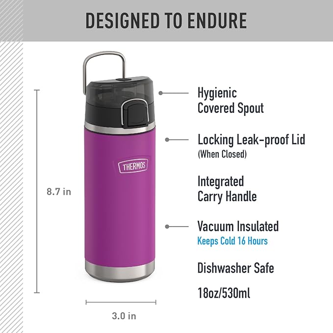 THERMOS ICON SERIES, Water Bottle with Spout - 18 Ounce, Plum - Stainless Steel Vacuum Insulated Water Bottle with Lid