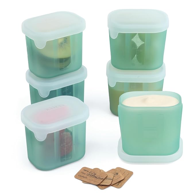 haakaa Mini Meal Silicone Storage Containers,3 oz Silicone Baby Food Containers with Airtight Lids,Reusable Baby Food Jars for Purees, Fruits & Snacks-Microwave & Dishwasher Safe,6 Pack,Pea Green