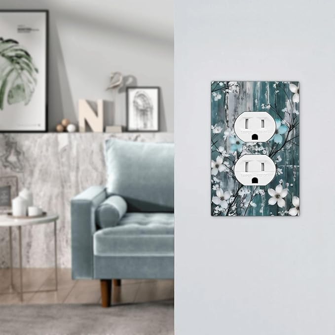 Rustic Blue Watercolor Flower Wooden Background Outlet Covers 1 Gang Duplex Light Switch Cover Decorative Switch Plates Electrical Receptacle Faceplate Wall Plate for Bedroom Living Room Decor