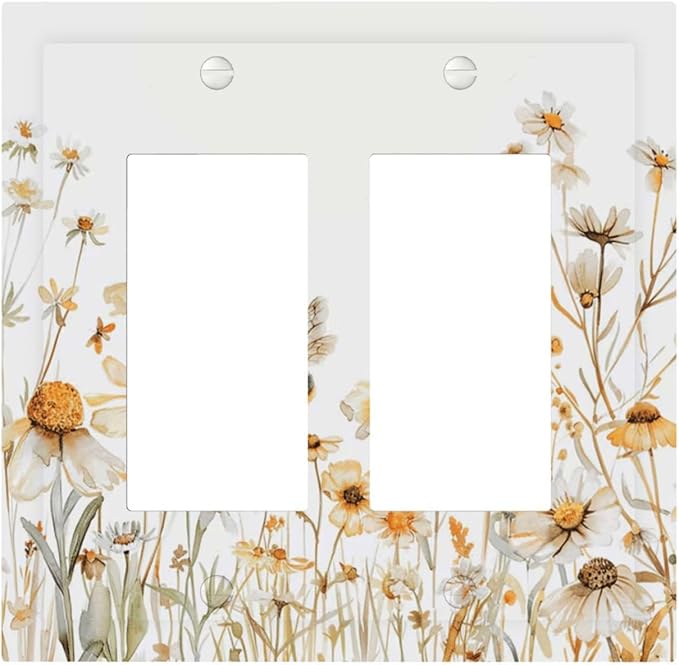 Yellow White Daisy Floral Bee Wild Flower Decorative Outlet Covers 2 Gang Double GFCI Rocker Electrical Wall Panels Light Switch Cover Plate for Bedroom Living Room Decor