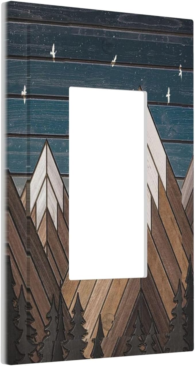 Rustic Geometric Mountain Wilderness Wood 1 Gang Light Switch Cover Single Rocker Decorative Receptacle Outlet Covers GFCI Electrical Faceplate Switchplate for Bedroom Bathroom Kitchen Art Decor