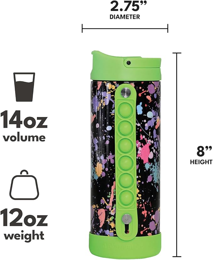 Elemental Iconic Kids Water Bottle with Straw Lid & Stress Relief Pop It Handle, Leak-Proof When Closed, Triple Insulated Kids Stainless Steel Water Bottle For Girls and Boys, 14oz -Green Splatter