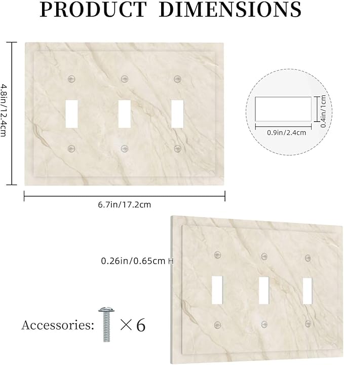 White Taupe Marble Abstract Luxury Decorative Switch Plates 3 Gang Wall Plate Triple Toggle Light Switch Cover Faceplate Electrical Wall Panels for Bathroom Kitchen Home Decor