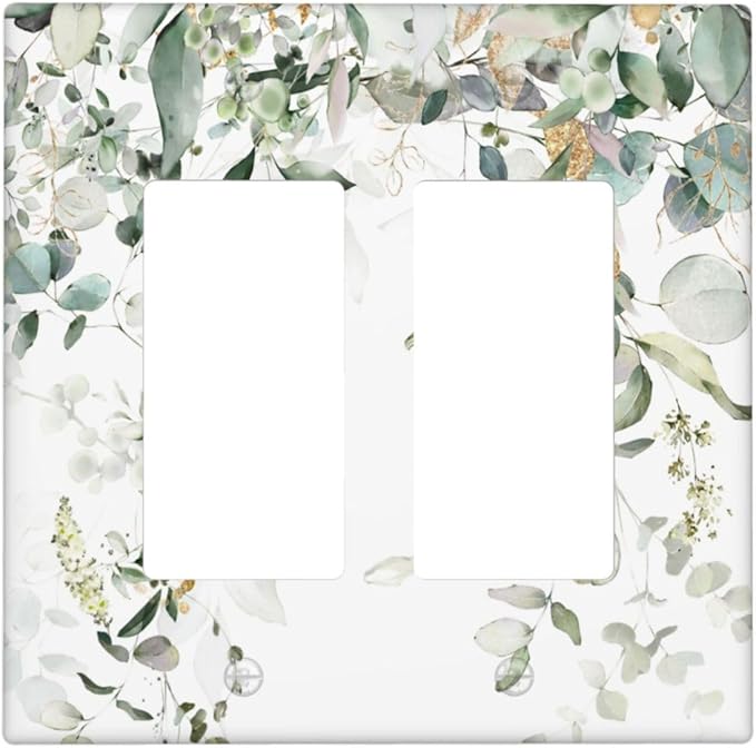 Green Leaves Watercolor Double Gang Rocker Decorative Light Switch Cover, 2-Gang Wall Plate Outlet Cover