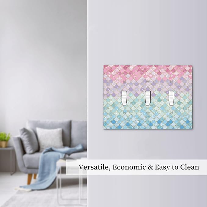 Colorful Mermaid Scales 3 Gang Light Switch Plate Decorative Triple Toggle Wall Plate Cover Electrical Faceplate Swichcovers for Girls Bedroom Kids Baby Nursery Living Room Bathroom Art Panel Decor