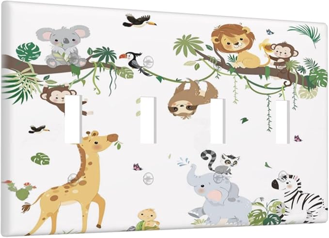 Jungle Animals Tree Branch Monkey Giraffe Lion Elephant Light Switch Covers Quad Toggle Electrical Faceplate 4 Gang Wall Plate Decorative Switch Plates Cover for Kids Room Nursery Decor