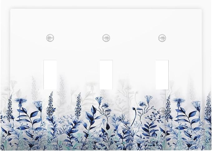 Decorative Light Switch Cover Plate Rustic Blue Plants Wildflowers Boho Leaves Unique 2 Gang Wall Plate Cover Double Toggle Switch Plate Covers Electric Dual Device Electrical Faceplate
