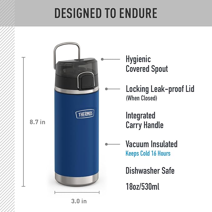 THERMOS ICON SERIES Water Bottle with Spout - 18 Ounce, Navy - Stainless Steel Vacuum Insulated Water Bottle with Lid