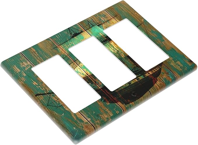 Light Switch Covers Rustic Green Wood Grain Sailboat 3 Gang Rocker Electrical GFCI Decorative Triple Outlet Wall Plate Cover Switchplate for Farmhouse Bedroom Decor