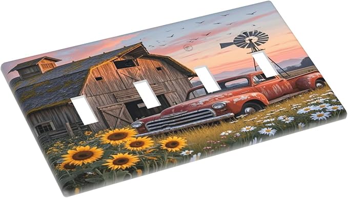 Rustic Barn Red Truck Windmill Sunflower Light Switch Covers Quad Toggle Electrical Faceplate 4 Gang Wall Plate Decorative Switch Plates Cover for Farmhouse Home Decor