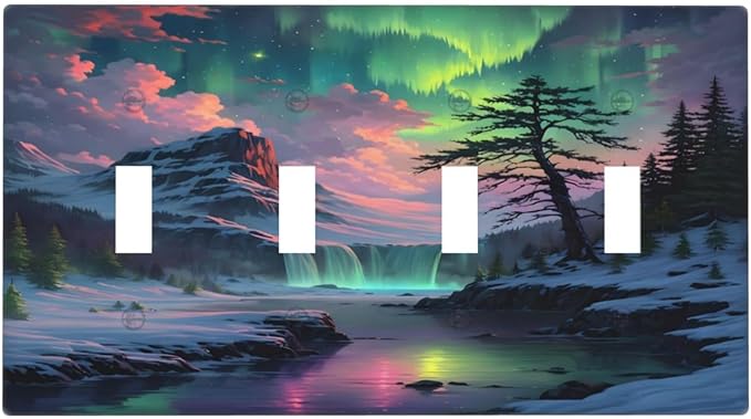 Snow Mountain Aurora Waterfalls Rivers Forest Light Switch Covers Quad Toggle Electrical Faceplate 4 Gang Wall Plate Decorative Switch Plates Cover for Bedroom Living Room Decor