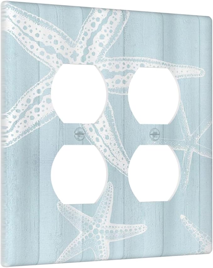 Outlet Covers Blue Wooden Plank Starfish Ocean Vintage 2 Gang Decorative Light Switch Cover Double Duplex Wall Plates Switch Plates Electrical Socket Covers for Bathroom Bedroom Decor