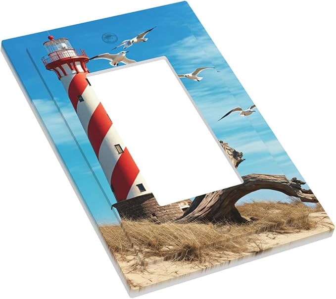 Lighthouse Coastal Scene Single Rocker Switch Cover - 1-Gang Standard US Size Nautical Coastal Beacon Light Switch Covers for Living Room Bathroom Decor