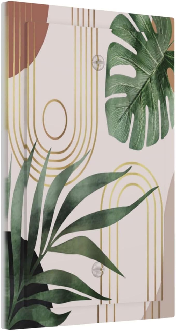 1-Gang No Device Decorative Blank Receptacle Wall Plate 70s Mid Century Bohemian Abstract Minimalist Boho Art Leaf Plant Light Switch Jumbo Size Electrical Face Plate Cover for Unused Outlets/Switches