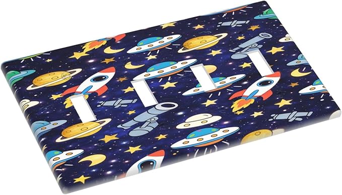 Decorative Light Switch Cover Plate Blue Space-themed Rocket Spaceship 4 Gang Wall Plates for Electrical Quad Toggle Switch Plate Covers Outlet Covers Faceplate for Children's Room Decor