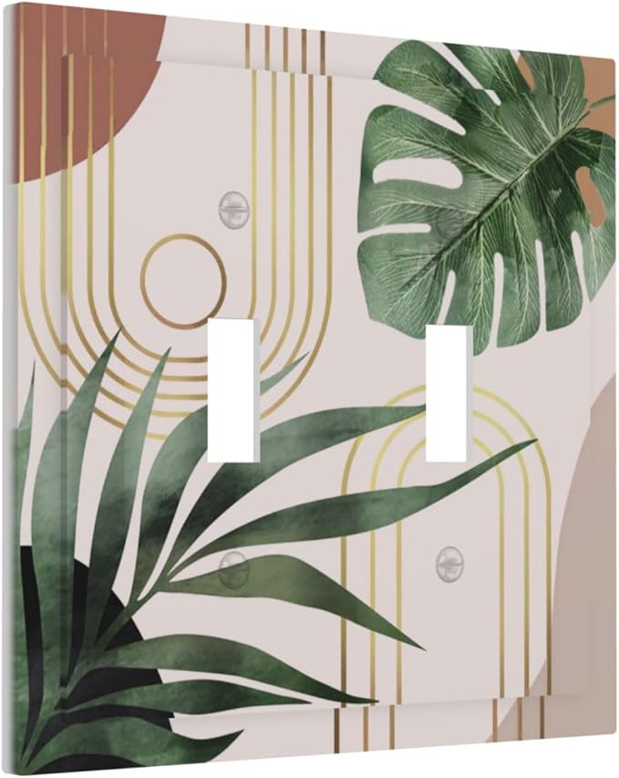 Vintage Abstract Retro Minimalist Aesthetic Art Mid Century Boho Sun Bohemian Palm Leaf Decorative 2-Gang Double Toggle Outlet Light Switch Wall Plate Electrical Receptacle Faceplate Cover Jumbo Size