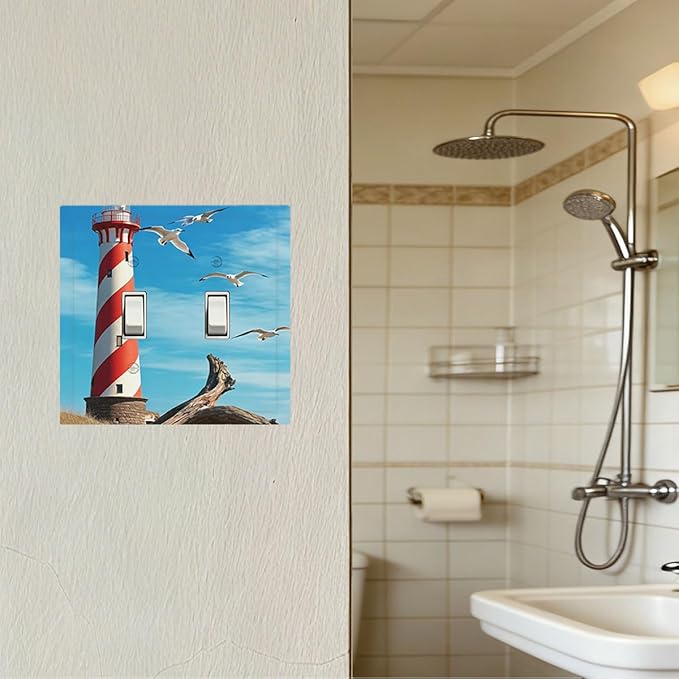 Lighthouse Coastal Scene Double Toggle Switch Cover - 2-Gang Standard US Size Nautical Coastal Beacon Light Switch Covers for Living Room Bathroom Decor