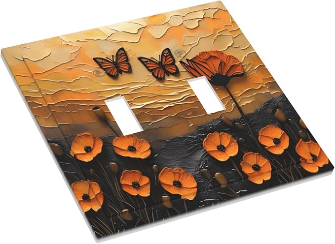 Oil Painting Flower Sunset Butterfly Vintage Rustic Floral Decorative Switch Plates 2 Gang Double Toggle Outlet Light Switch Cover Wall Plate Electrical Faceplate for Bedroom Living Room Decor