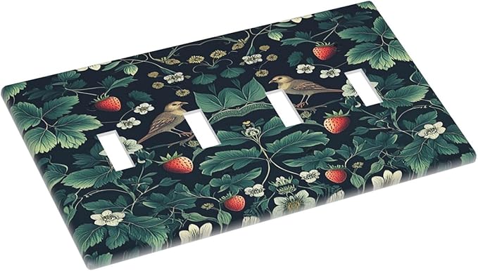 Light Switch Covers Strawberry Birds Flowers Plant Morris Floral Quad Toggle Electrical Faceplate 4 Gang Wall Plate Decorative Switch Plates for Bedroom Farmhouse Decor