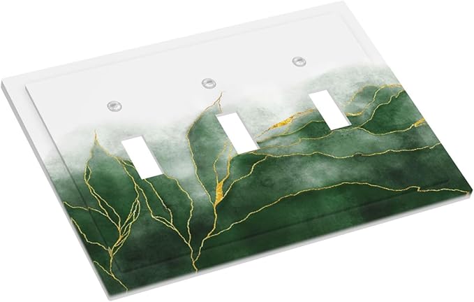 Light Switch Cover Plate Green Gold Leaf Marble Modern Abstract 3 Gang Triple Toggle Decorative Switch Plates Wall Plates Electrical Switchplate Faceplate for Kitchen Bathroom Decor