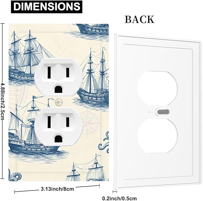 Vintage Nautical Ships Duplex Wall Plate - 1-Gang Standard US Size Old World Sailing Vessels Outlet Covers, Blueprint Design for Beach House Decor