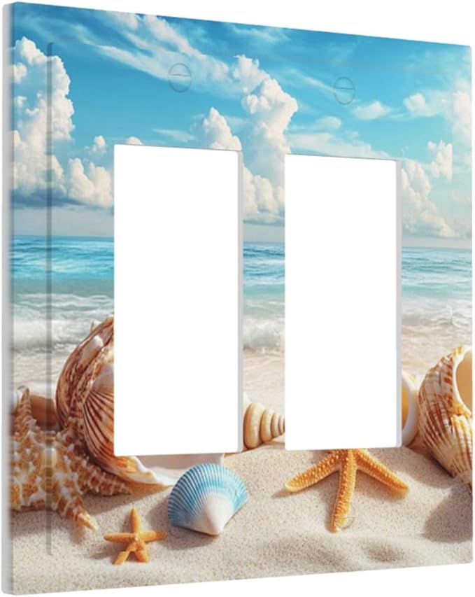 Beach Coastal Seashore Sea Starfish Shell Sand Decorative Outlet Covers 2 Gang Double GFCI Rocker Electrical Wall Panels Light Switch Cover Plate for Bathroom Home Decor