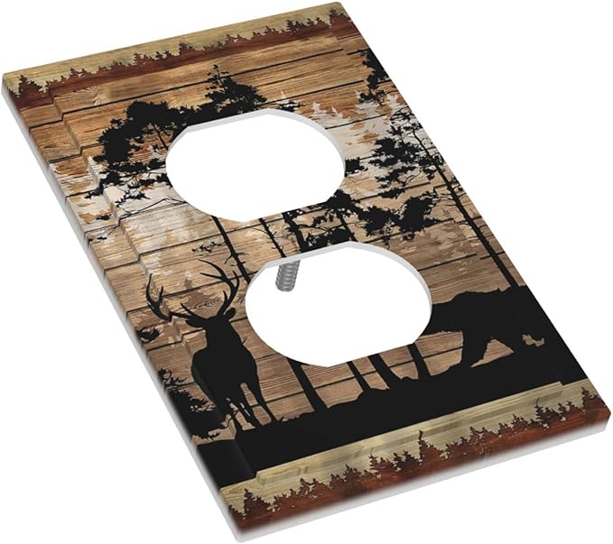 Rustic Forest Cabin Black Bear Deer Silhouettes Hunting Country Elk Wildlife 1 Gang Duplex Wall Plate Electrical Receptacle Outlet Cover Decorative Dual Device Mid Size Plug Light Switch Wallplate