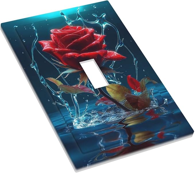 Red Rose Blue Water Drips 1 Gang Light Switch Cover Decorative Single Toggle Wall Plate Switchcovers Electrical Switchplate Home Decor for Kidroom Living Room Bedroom Decorate