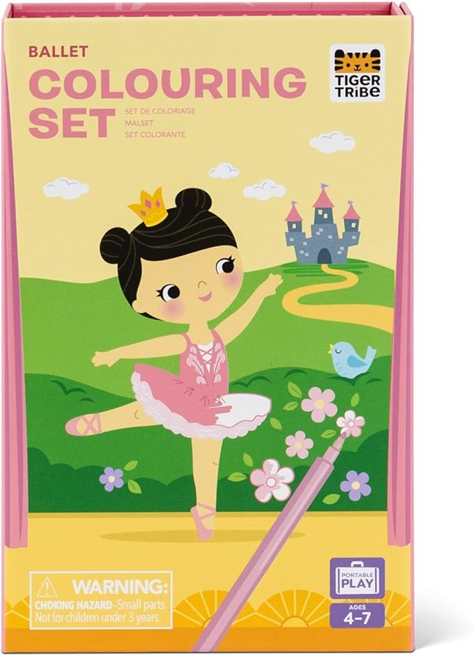 Schylling Tiger Tribe Ballet Coloring Set - Travel Take Along Art Kit - All Supplies Included - Easy Storage - Ages 3+ - 14014, Small
