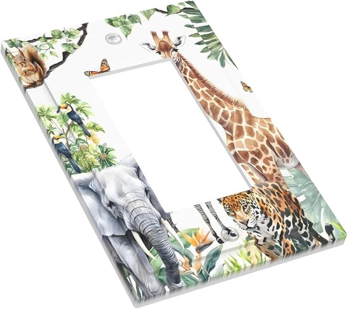 Elephant Giraffe Jungle Animals Leopard Zoo Decorative Outlet Covers 1 Gang Single Rocker Light Switch Cover Plate Wall Plates GFCI Faceplate for Kids Room Nursery Decor