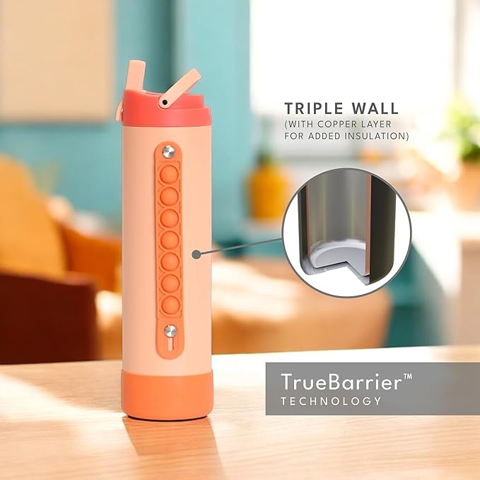 Elemental Iconic Kids Water Bottle for School - 100% Leak-Proof Insulated Water Bottles with Straw Lid & Pop-It Handle for Boys & Girls - Triple-Wall Insulated & BPA-Free, 20oz – Peach Sunrise