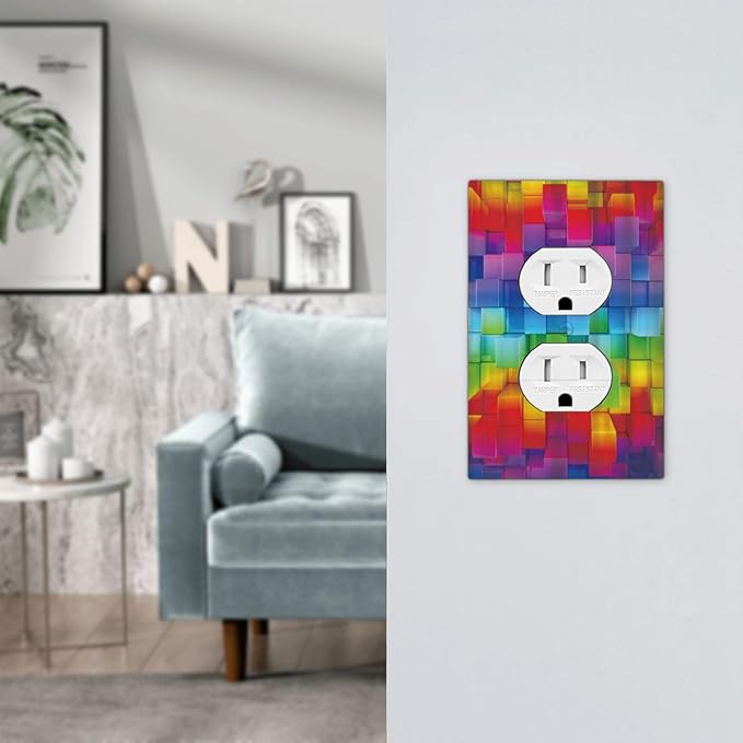 3D Colorful Rainbow Wall Abstract Squre Shaped 1 Gang Outlet Plate Decorative Single Duplex Wall Plate Covers Unique Electrical Receptacle Light Switch Cover Art Faceplate Switchplate for Living Room