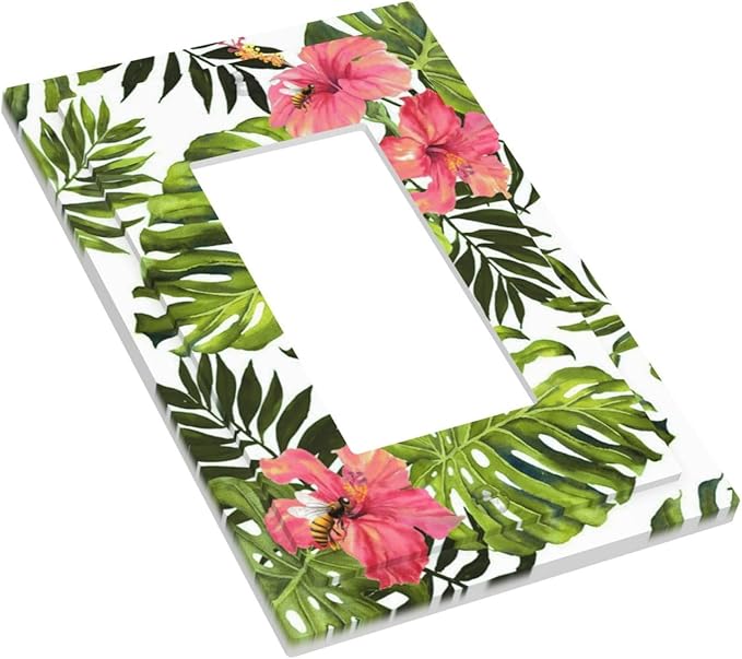 Tropical Plant Green Palm 1 Gang Light Switch Cover Single Rocker/Gfci Device Decorative Wall Plate Standard Size Receptacle Banana Leaves Pink Flower Rainfores Jungle Botanical Outlet Cover Plates